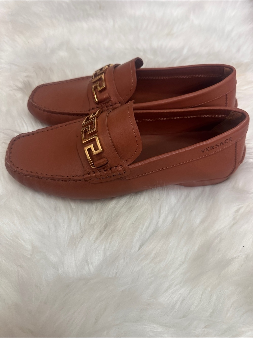 Versace Men’s Brown Leather Loafers with Gold-Tone Greek Key Accent - Picture 2 of 7